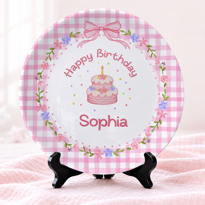 Pink Gingham Floral Personalized Birthday Plate P61O7V0