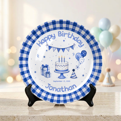 Blue Checkered Personalized Birthday Plate for Kids, Custom Name and Date Ceramic Keepsake P85XBL0