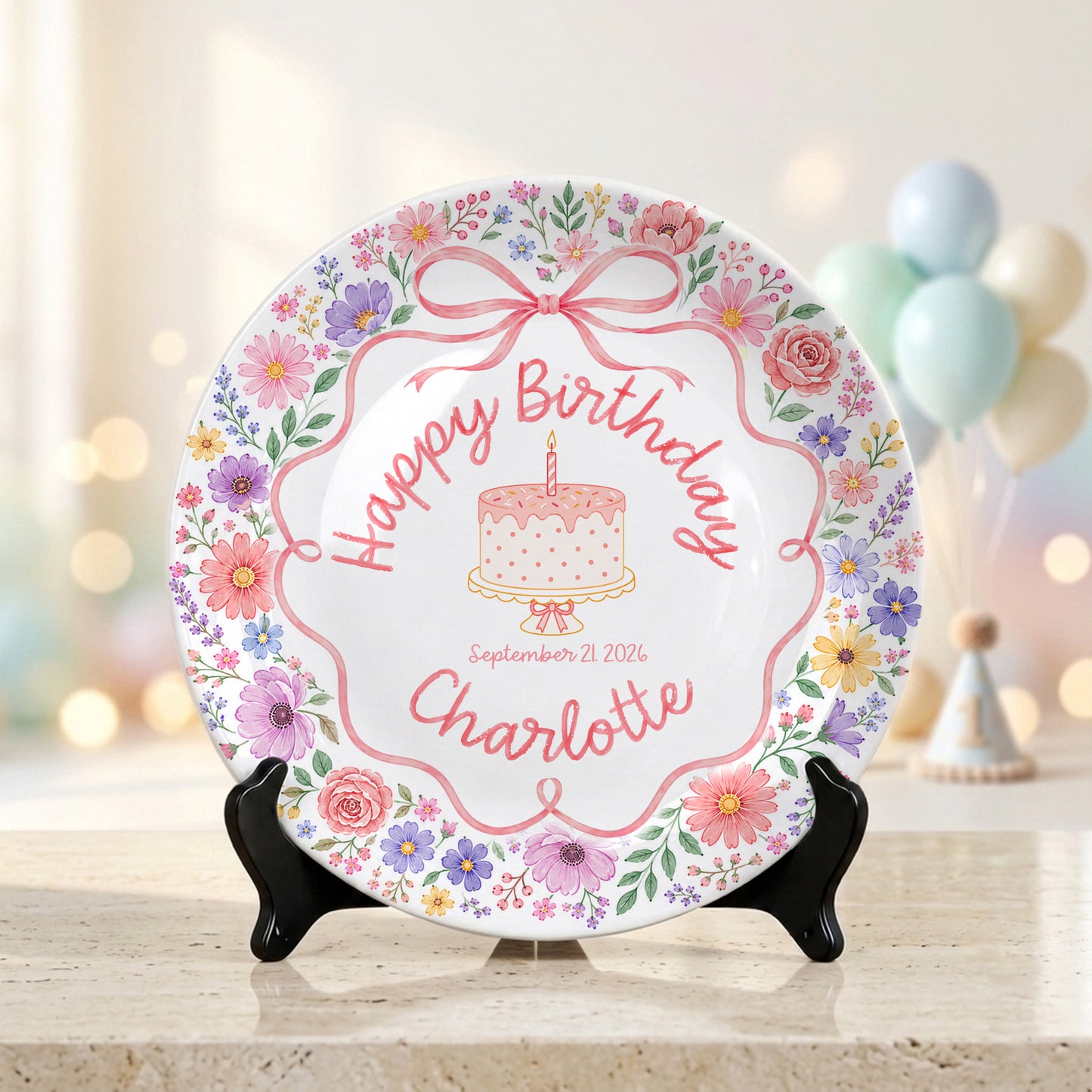Floral Bow Cake Keepsake Personalized Birthday Plate for Girls P87DHJ0