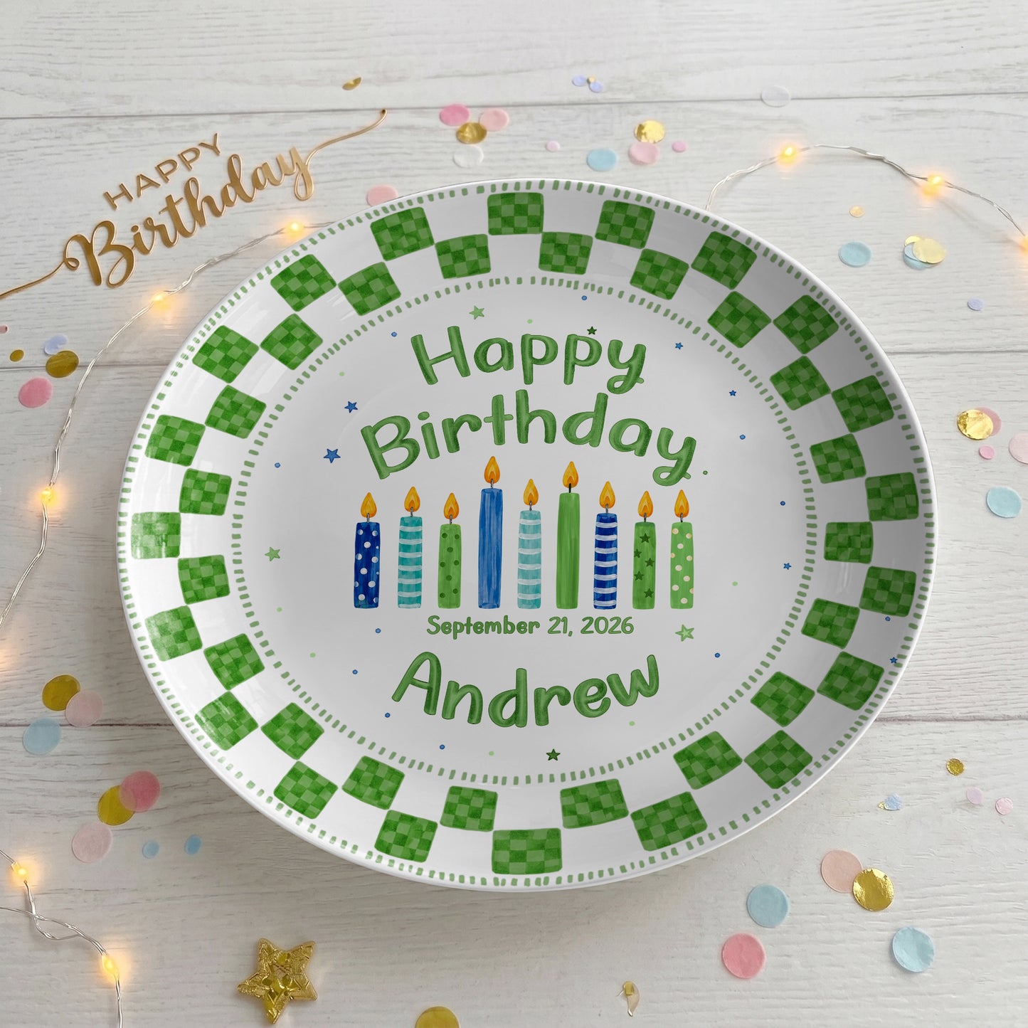 Green Checker Birthday Candles Keepsake Personalized Birthday Plate D78C8H0