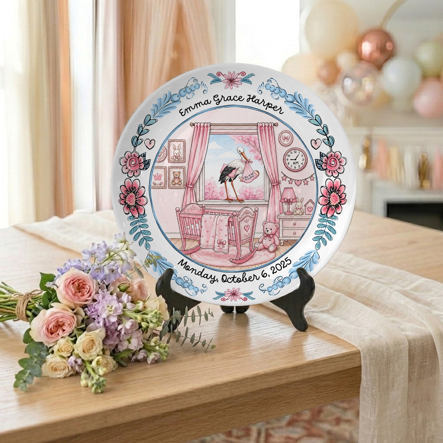 Pink Nursery Room with Stork and Floral Border Personalized Birthday Plate P518MN50