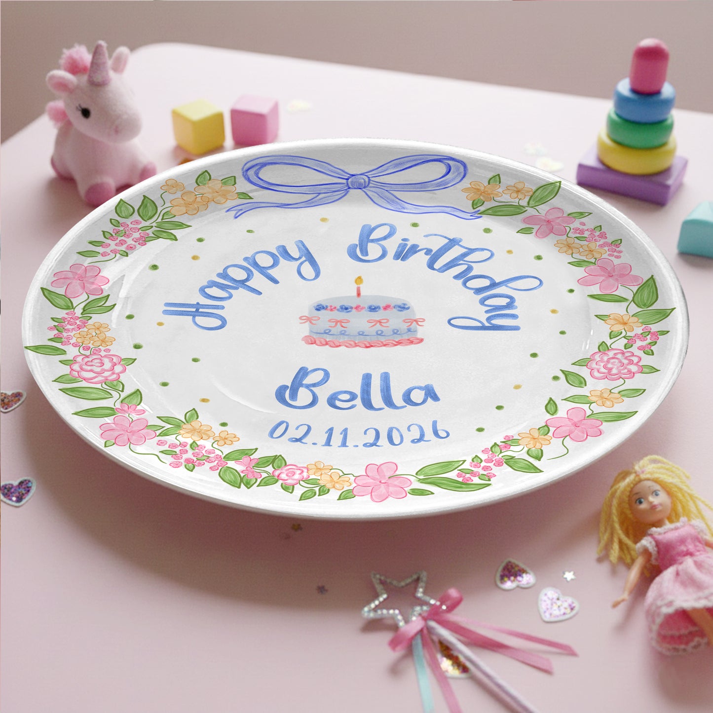 Blue Bow Flower Border Personalized Birthday Plate P311I7Y0