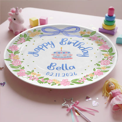 Blue Bow Flower Border Personalized Birthday Plate P311I7Y0