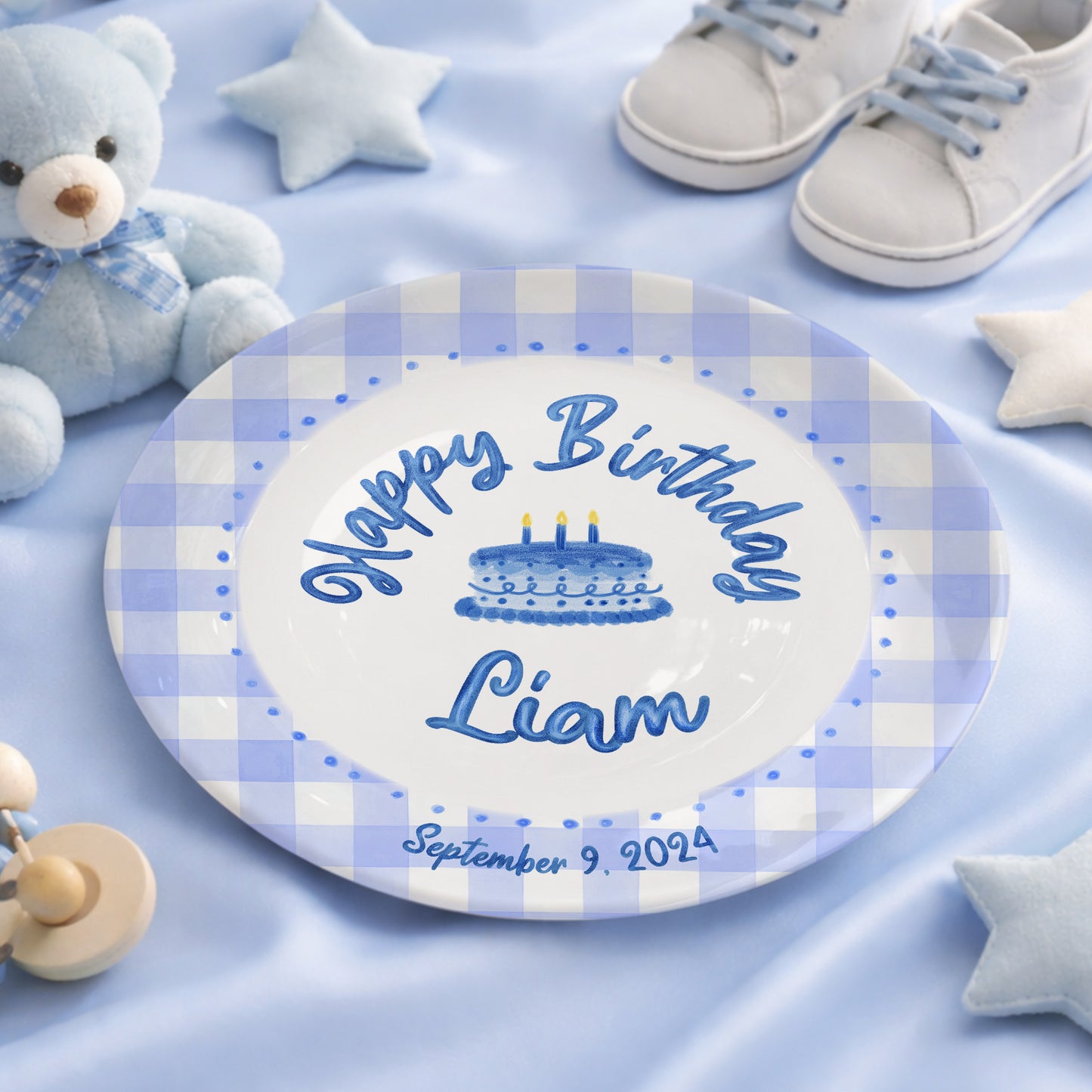 Blue Gingham Border with Blue Birthday Cake Personalized Birthday Plate P415SDU0