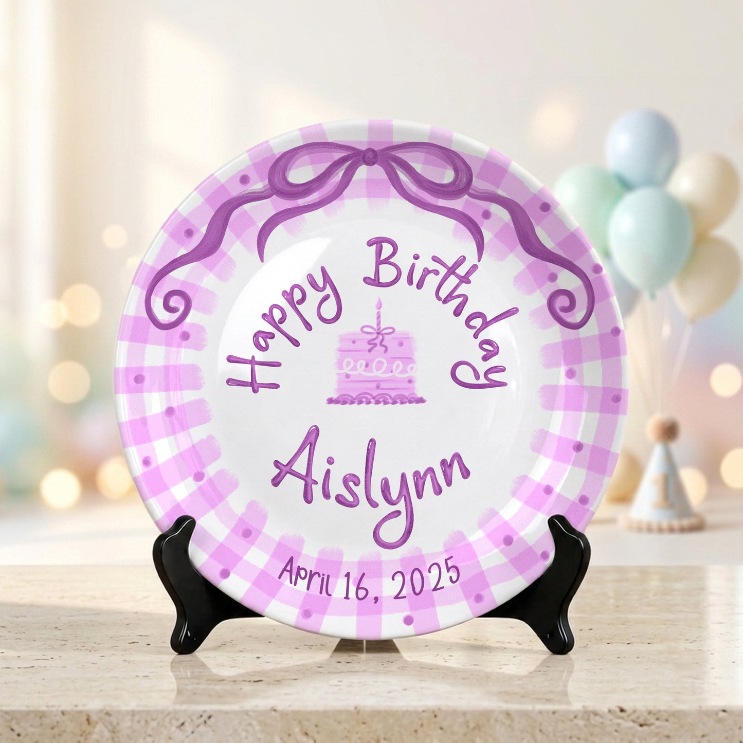 Pink Gingham Bow Personalized Birthday Plate for Kids, Custom Name and Date Ceramic Keepsake P85LHL0
