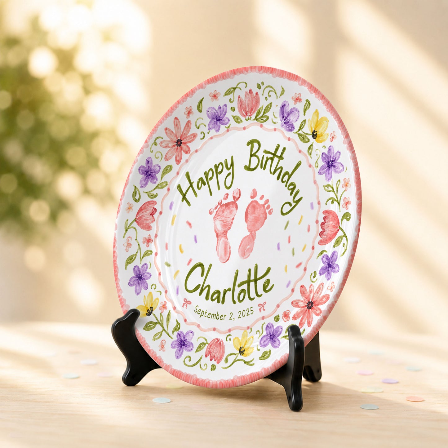 Floral Baby Footprint Personalized Birthday Plate for Girl, First Birthday Keepsake P727CV20