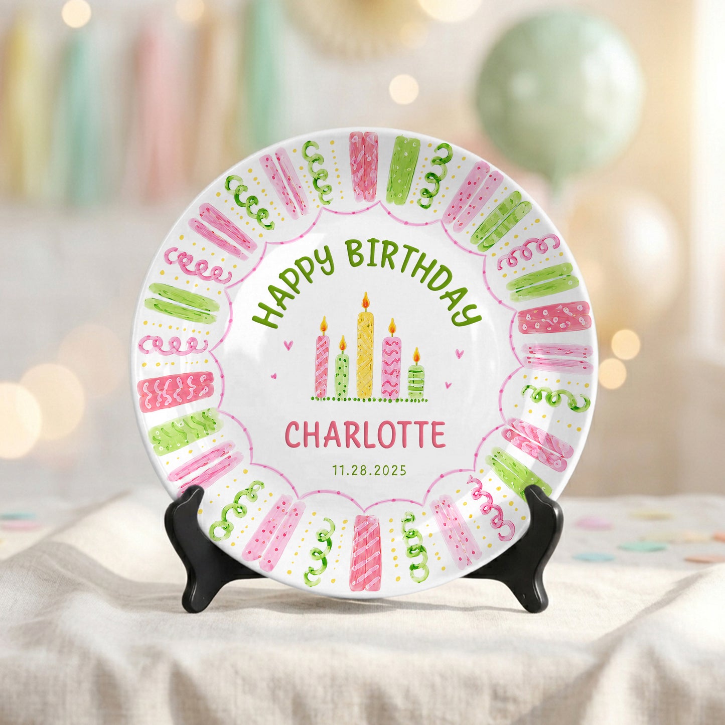 Colorful Pink Green Candle Design Personalized Birthday Plate for Kids P814XTQ0