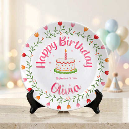 Tulip Floral Personalized Birthday Plate for Kids, Custom Name and Date Ceramic Keepsake P85E4U0