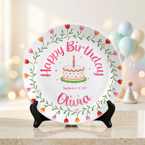 Tulip Floral Personalized Birthday Plate for Kids, Custom Name and Date Ceramic Keepsake P85E4U0