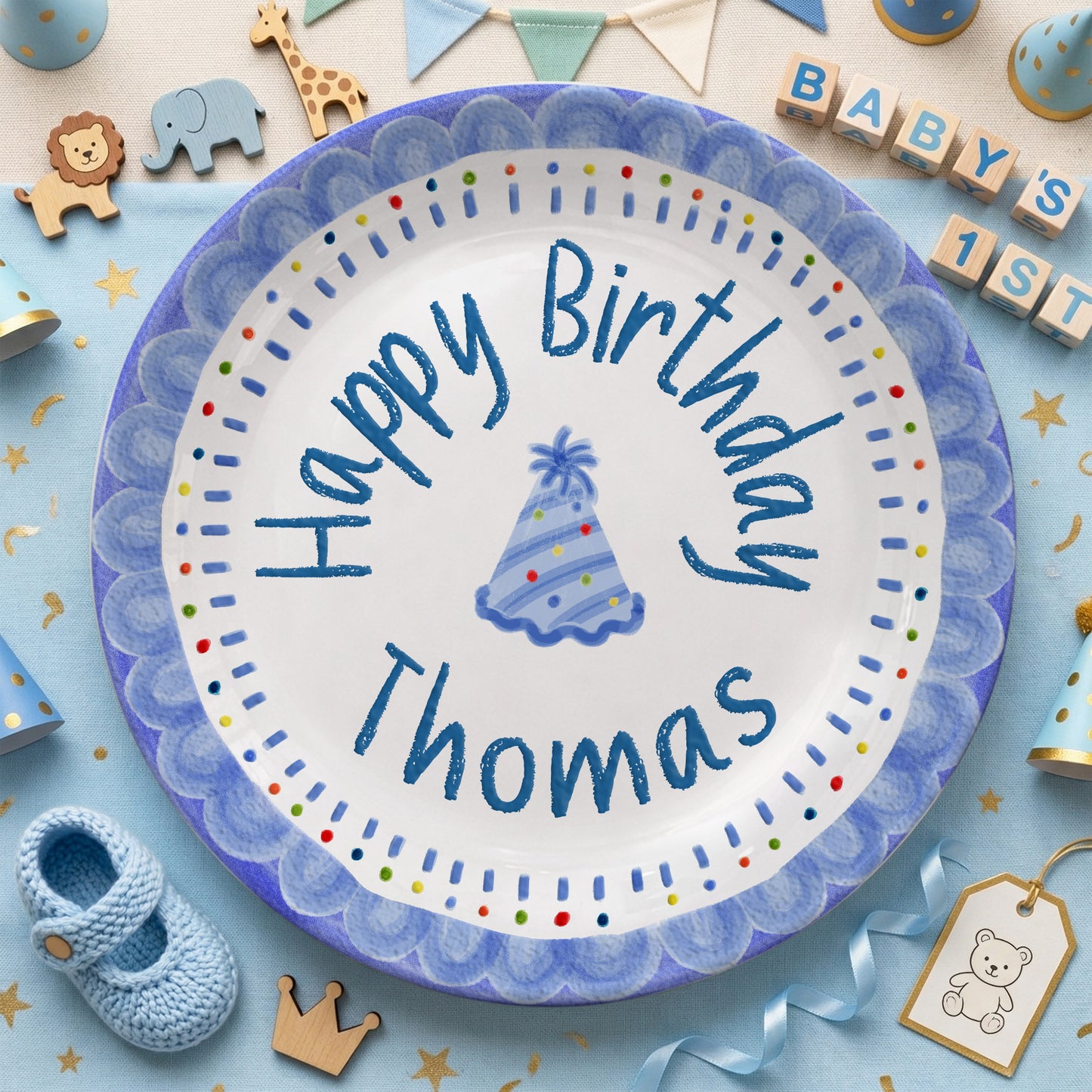Blue Crayon Scallop Border with Party Hat Personalized Birthday Plate P511RLQ0