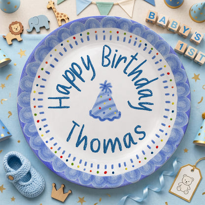 Blue Crayon Scallop Border with Party Hat Personalized Birthday Plate P511RLQ0