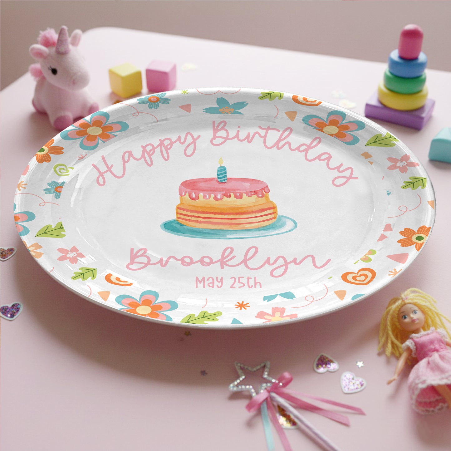 Colorful Floral with Cake Personalized Birthday Plate D92YJX0
