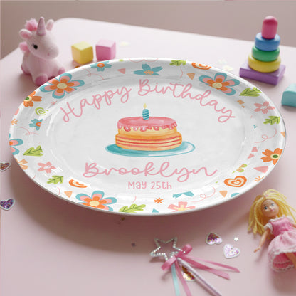 Colorful Floral with Cake Personalized Birthday Plate D92YJX0