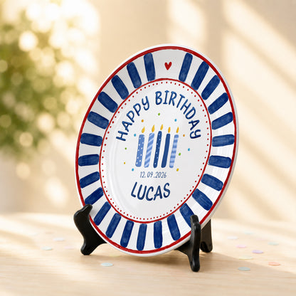 Blue Striped Birthday Candles Personalized Birthday Plate P626KF7TT