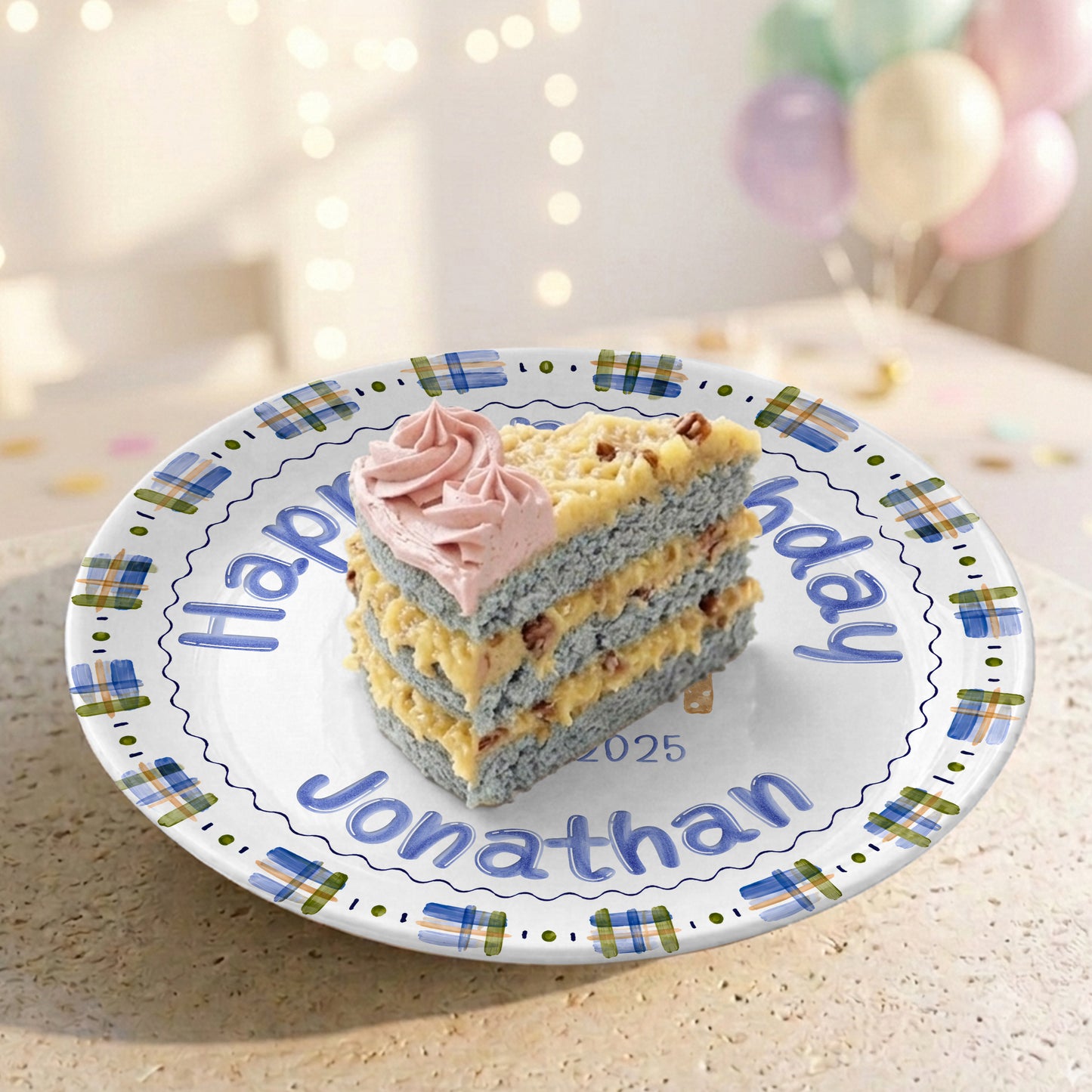 Blue Plaid Boys Custom Name First Birthday Personalized Birthday Plate P8245JH0