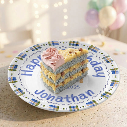 Blue Plaid Boys Custom Name First Birthday Personalized Birthday Plate P8245JH0