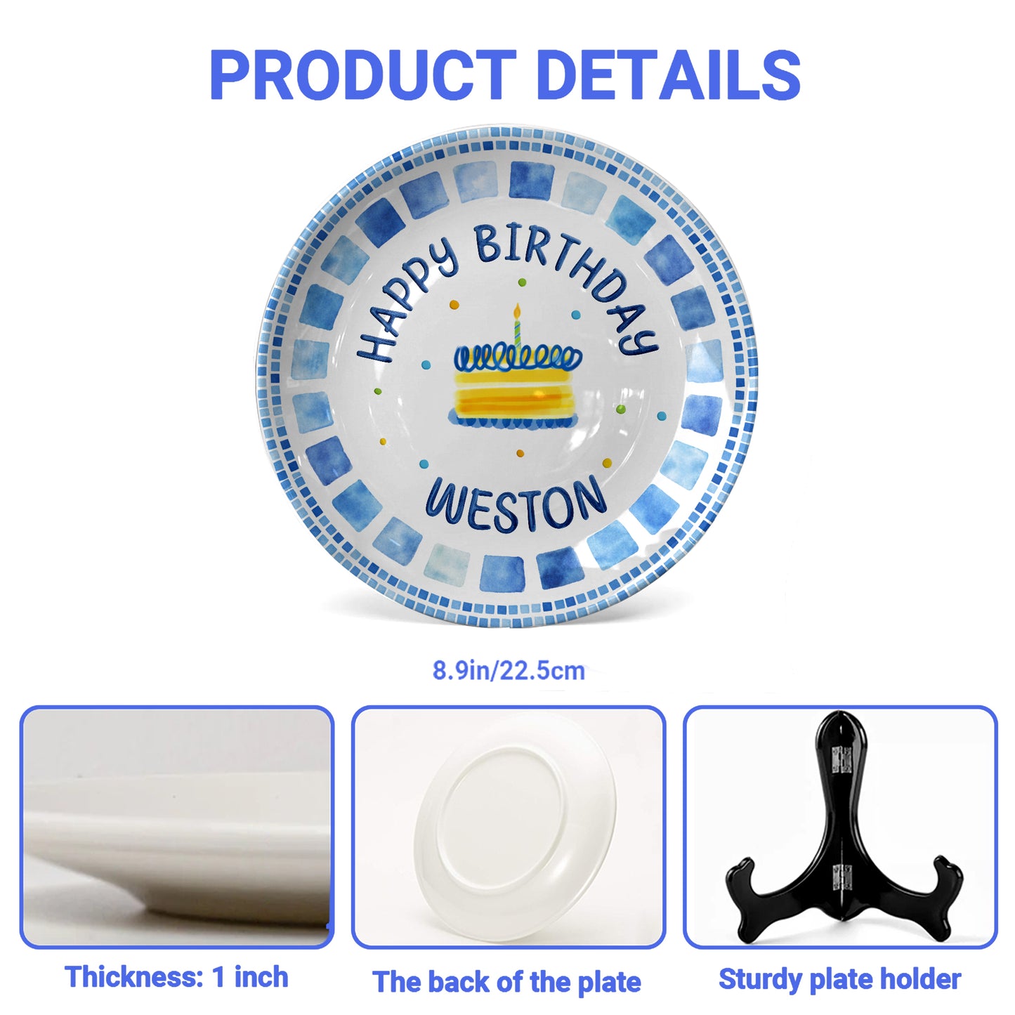 Blue Tile Border Cake Personalized Birthday Plate P228QZD0