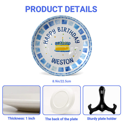 Blue Tile Border Cake Personalized Birthday Plate P228QZD0