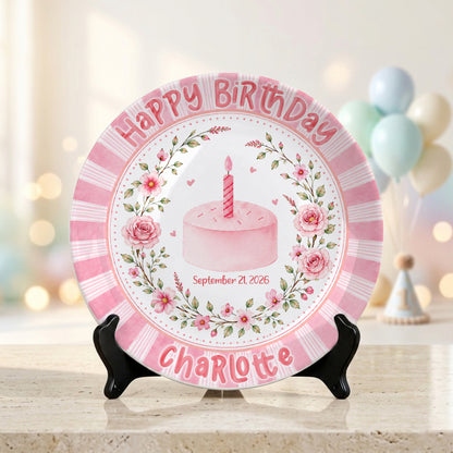 Pink Floral Cake Keepsake Personalized Birthday Plate for Baby Girls P872UD0