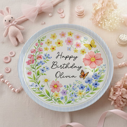 Blue Stripe Wildflower Personalized Birthday Plate P226BYE0