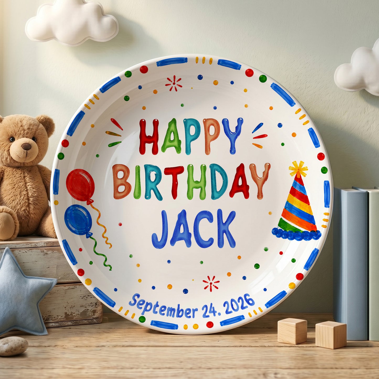 Colorful Balloon and Party Hat Birthday Personalized Birthday Plate P528XA40