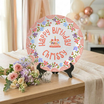 Pink Scallop Border with Colorful Floral Wreath Personalized Birthday Plate P42VPA0