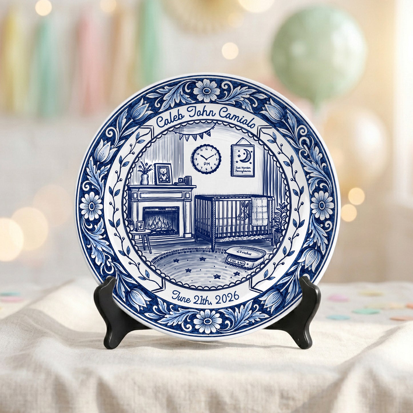 Delft Blue Newborn Birth Stats Custom Keepsake Personalized Birthday Plate P820UMN0