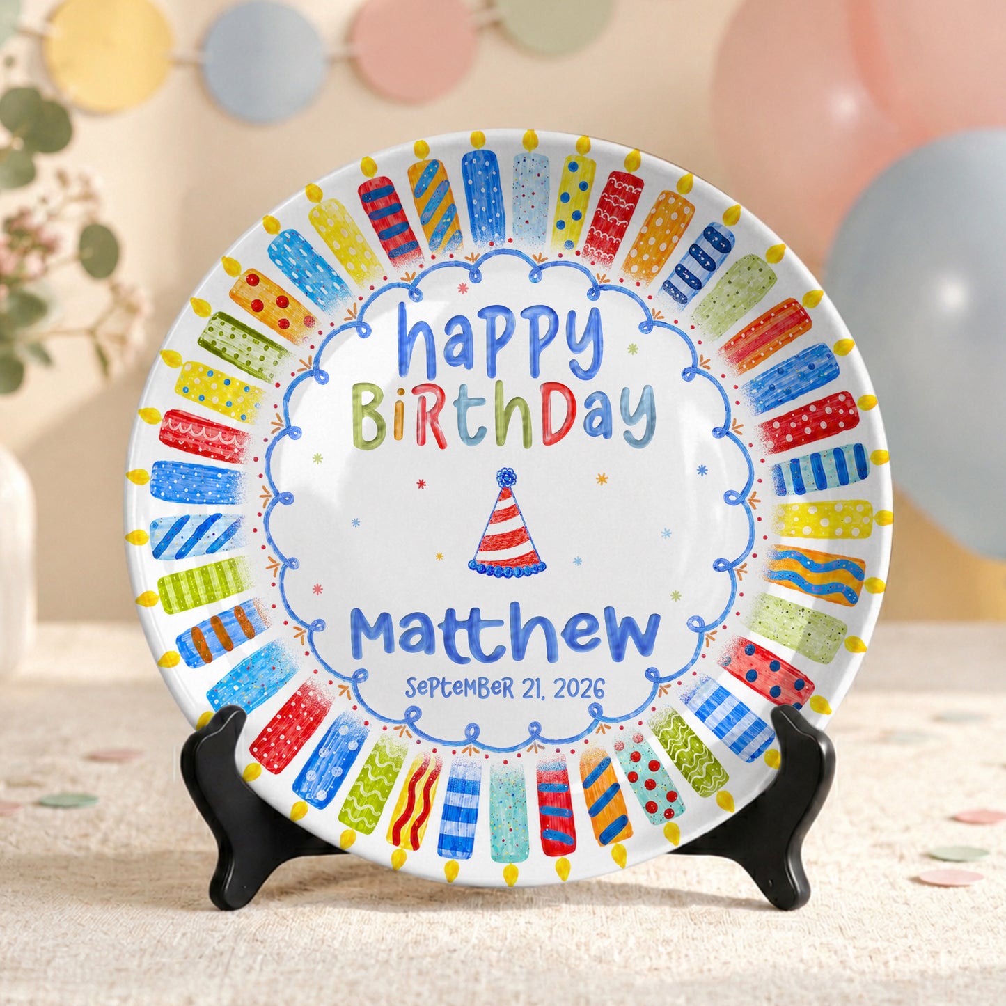 Colorful Candle Celebration Custom Name Ceramic Keepsake Personalized Birthday Plate P82509W0