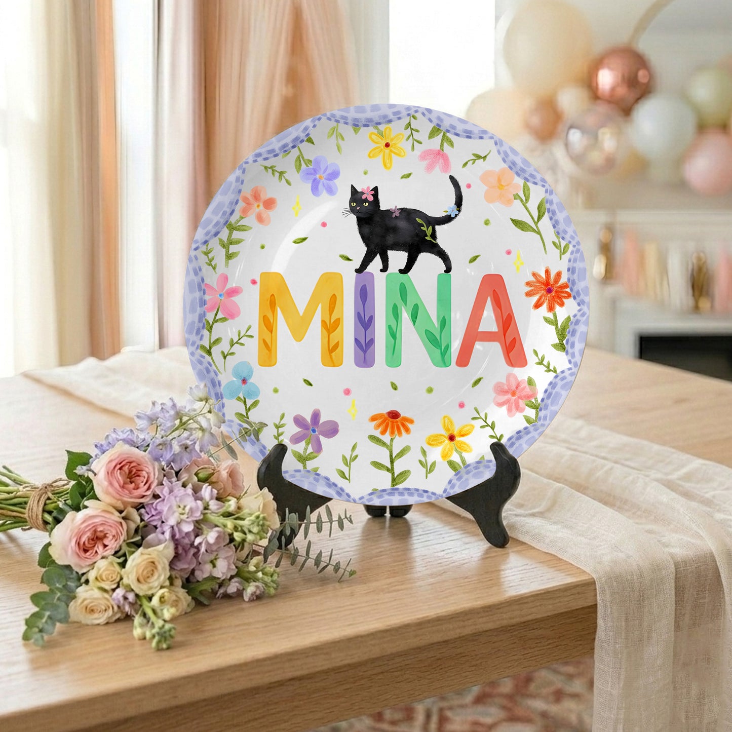 Lavender Scallop Border with Black Cat and Colorful Floral Name Personalized Birthday Plate P54NP00