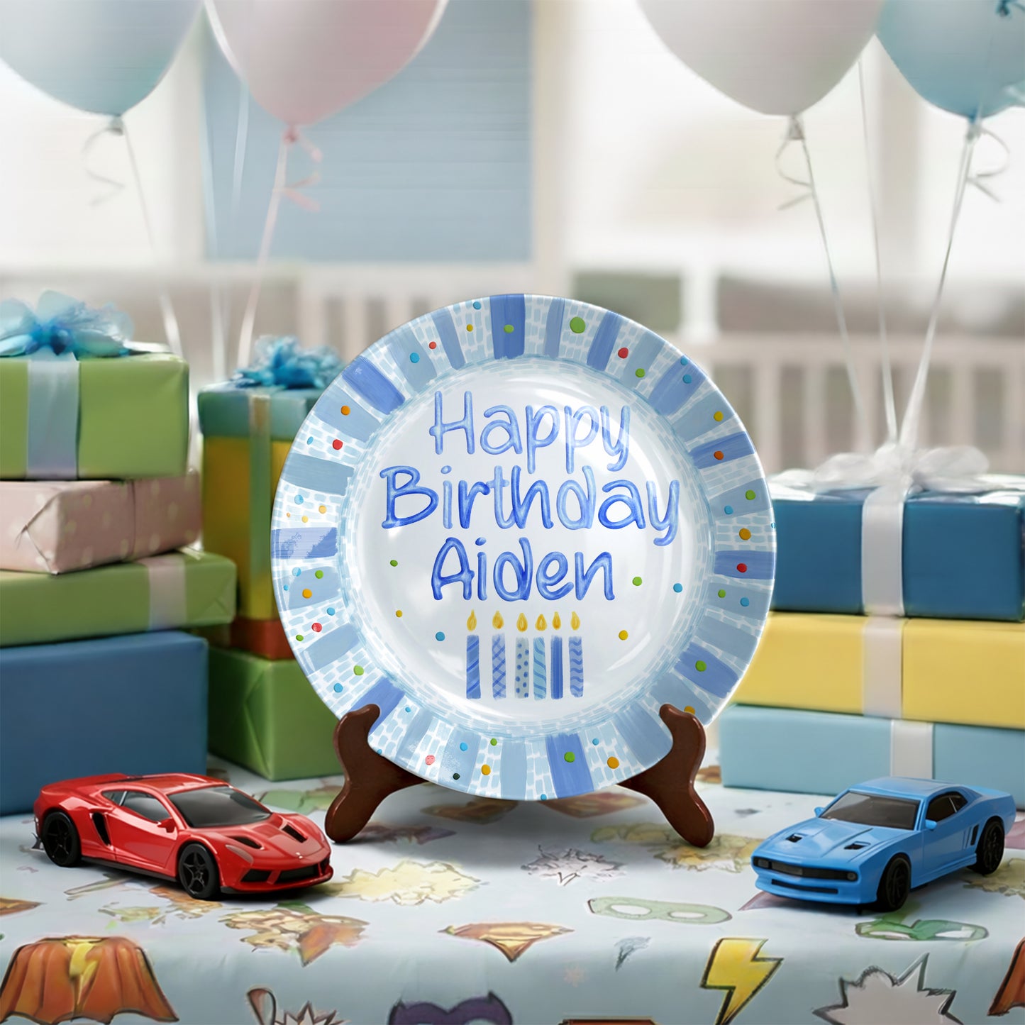 Blue Candles and Confetti Border Personalized Birthday Plate P274NR0
