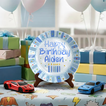 Blue Candles and Confetti Border Personalized Birthday Plate P274NR0