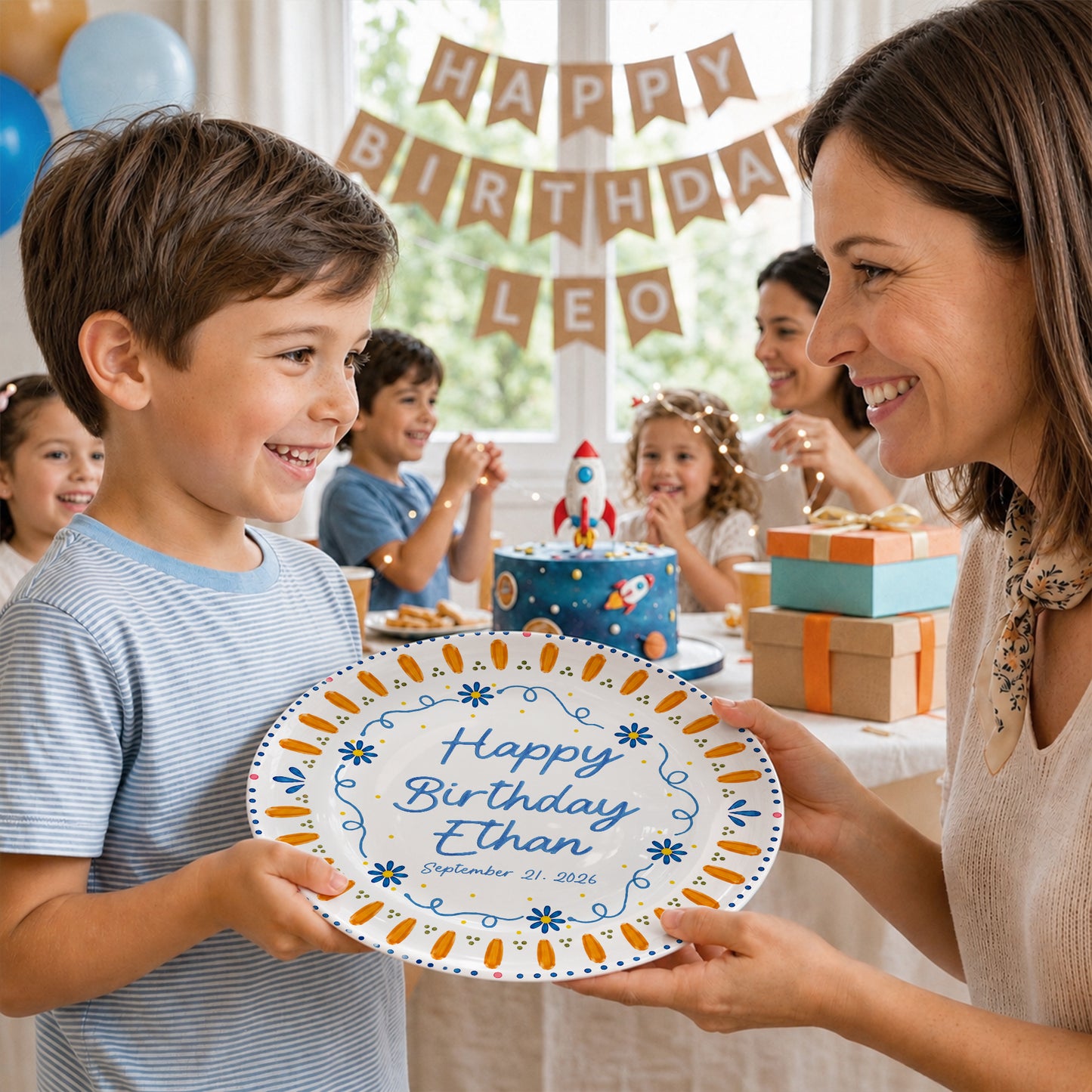 Orange Sunburst Border with Blue Flowers Personalized Birthday Plate P626HW0