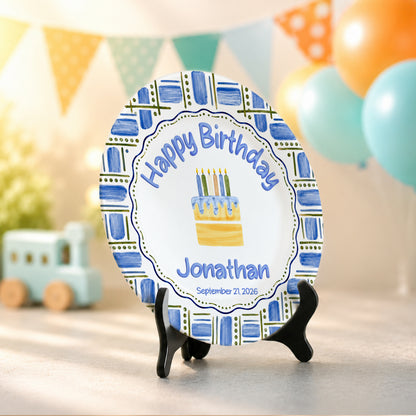 Blue Plaid Personalized Birthday Plate for Boys, Custom Birthday Keepsake Gift P730VM90