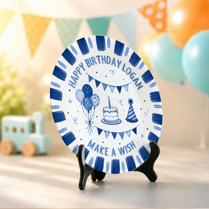 Blue Checkered Birthday Candles Personalized Birthday Plate D779CS0