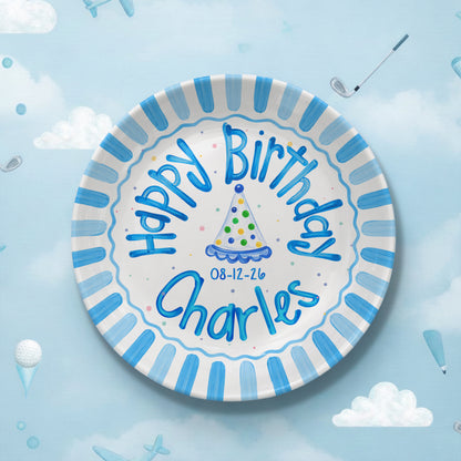 Blue Border and Confetti Party Hat Personalized Birthday Plate P314QKG0
