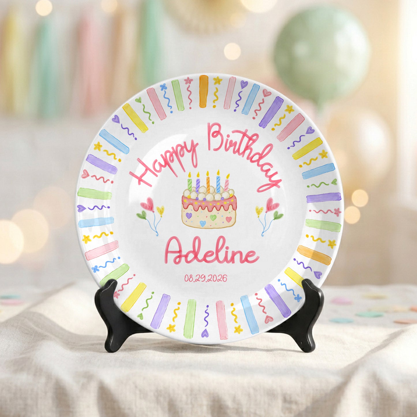 Colorful Kids Birthday Cake Custom Name Keepsake Personalized Birthday Plate Party Decor Gift P818HUN0