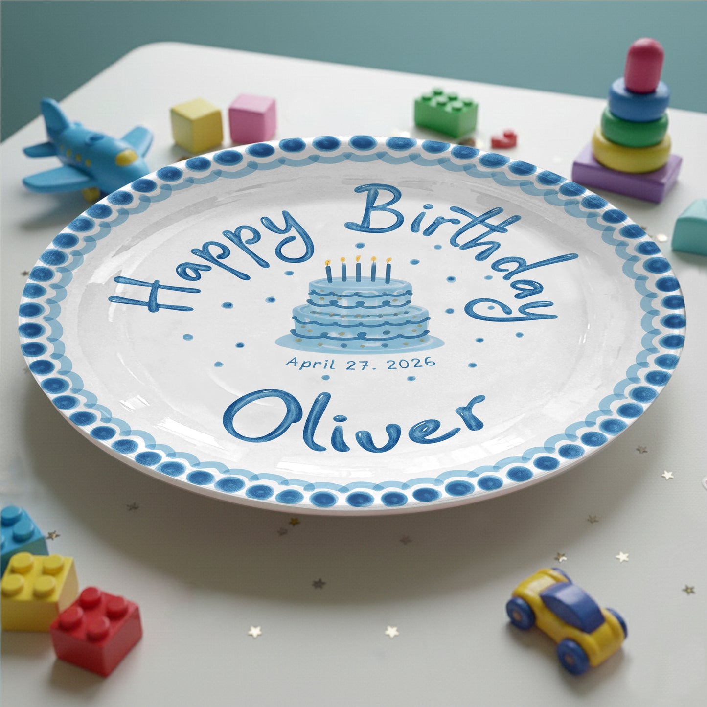 Blue Dotted Border and Cake Personalized Birthday Plate P32WRE0