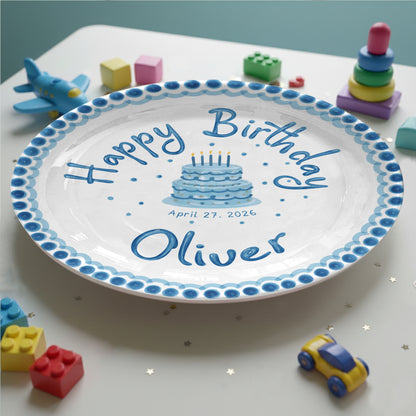 Blue Dotted Border and Cake Personalized Birthday Plate P32WRE0