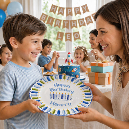 Blue Green Candle Border Personalized Birthday Plate P528HJP0