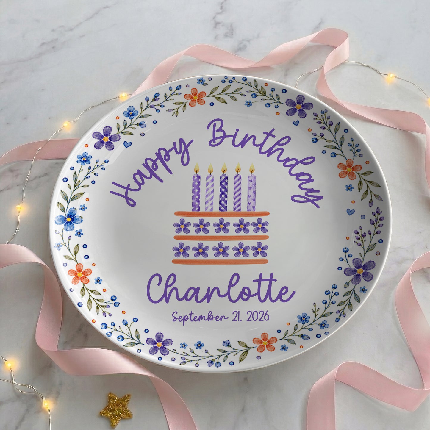 Purple Floral Personalized Birthday Plate for Girls, Custom Birthday Keepsake Gift P723G7E0
