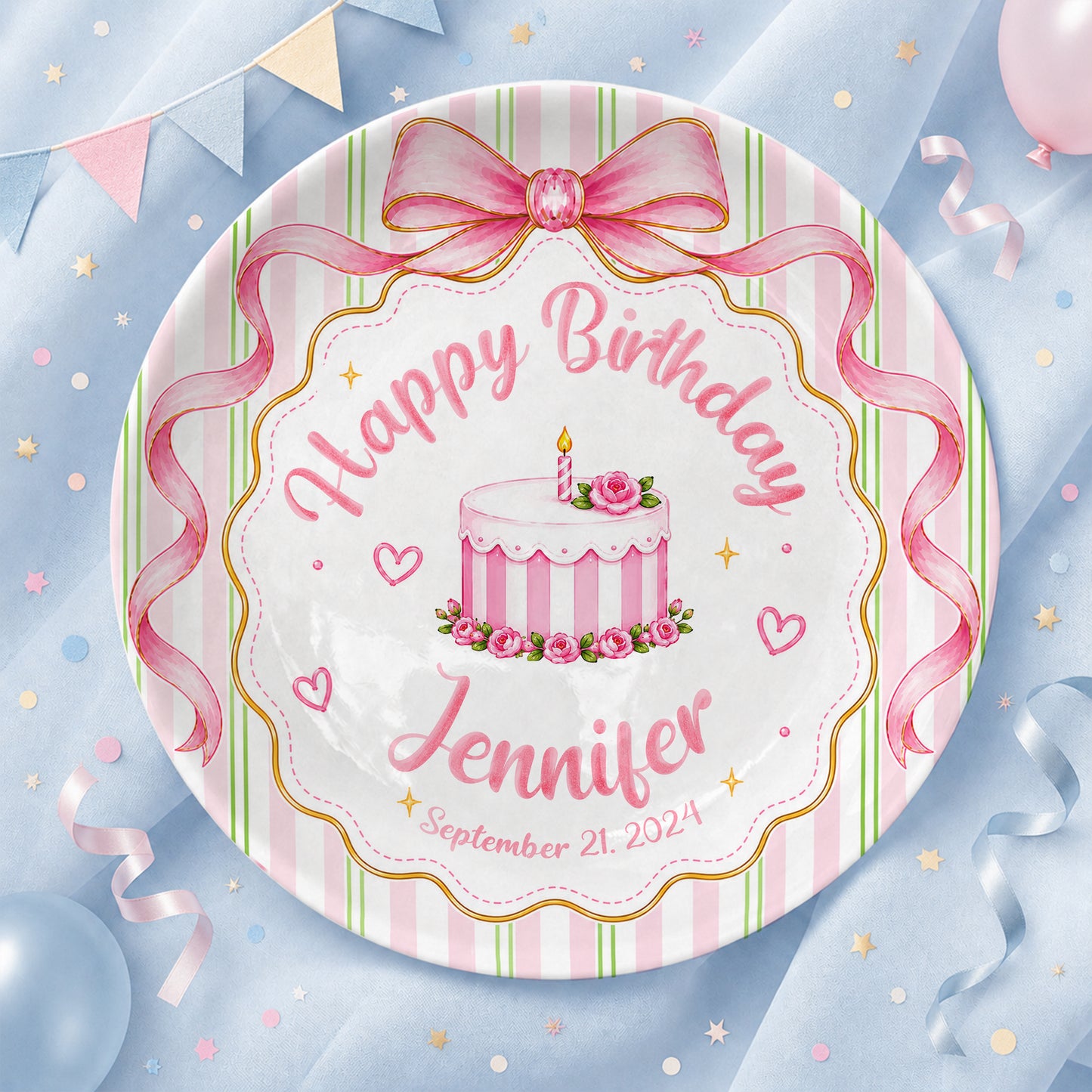 Pink Bow Personalized Birthday Plate for Girls, Custom Birthday Keepsake Gift P730PBN0