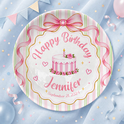 Pink Bow Personalized Birthday Plate for Girls, Custom Birthday Keepsake Gift P730PBN0