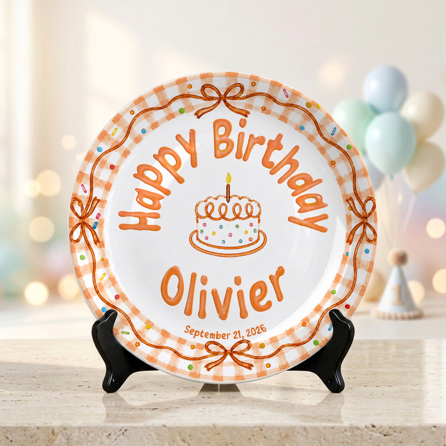 Orange Gingham Bow Personalized Birthday Plate for Kids, Custom Name and Date Ceramic Keepsake P85RP60