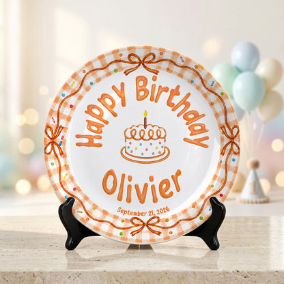 Orange Gingham Bow Personalized Birthday Plate for Kids, Custom Name and Date Ceramic Keepsake P85RP60