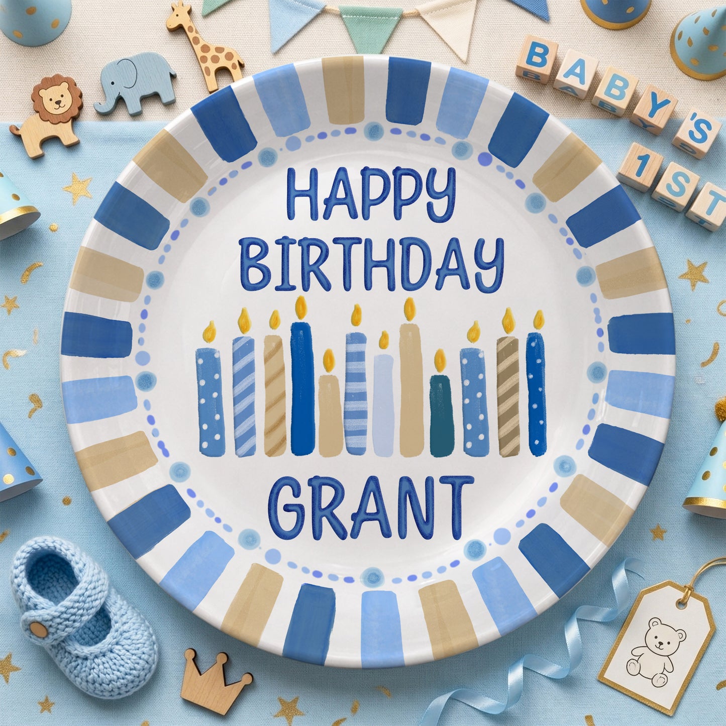 Blue and Tan Striped Border with Birthday Candles Personalized Birthday Plate D49EZG0
