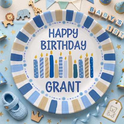 Blue and Tan Striped Border with Birthday Candles Personalized Birthday Plate D49EZG0
