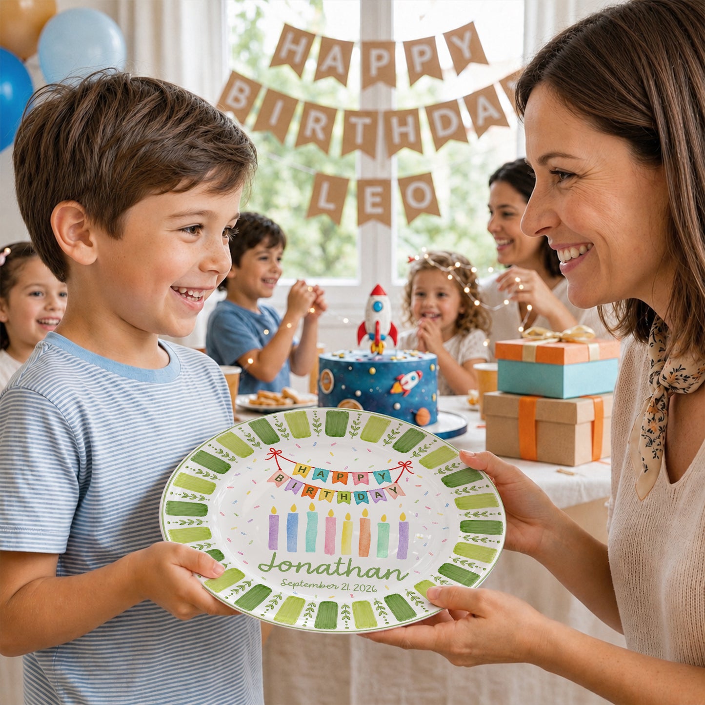 Green Striped Leaf Border with Birthday Banner and Colorful Candles Personalized Birthday Plate P66QSJ0