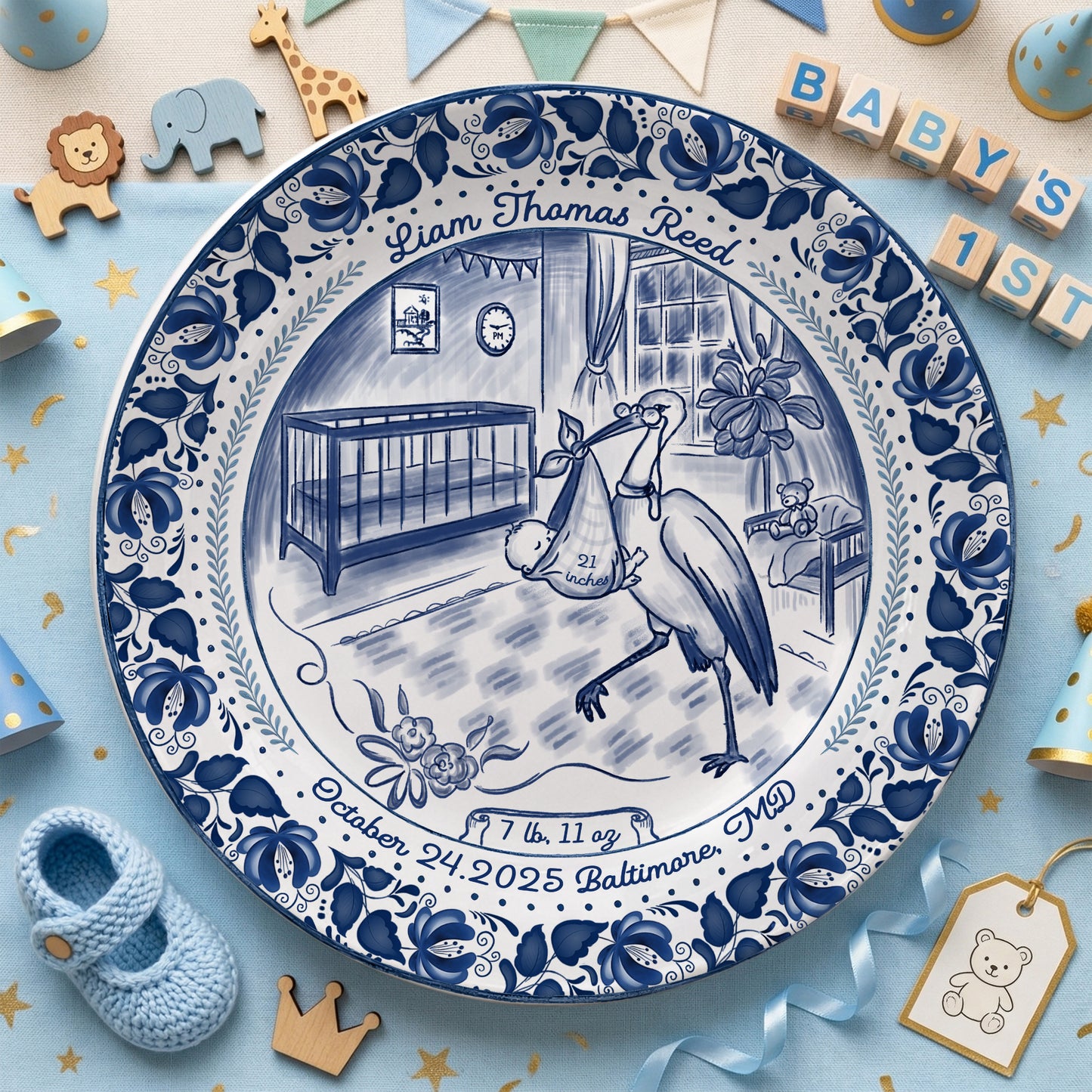 Blue Stork Nursery Personalized Birthday Plate P518MIY0