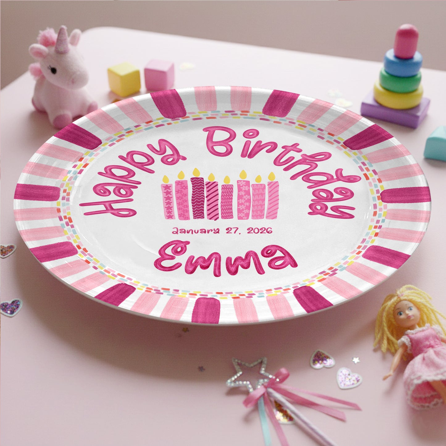 Pink Stripe Candle Personalized Birthday Plate P29F6C0