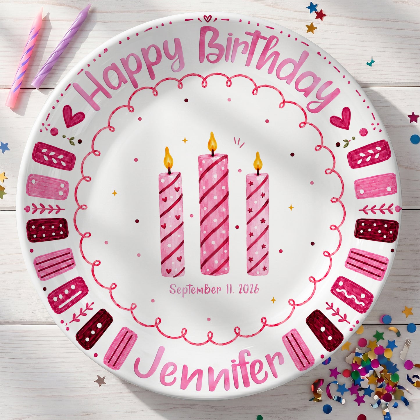 Pink Candle Border with Three Birthday Candles Personalized Birthday Plate P626WXMTT